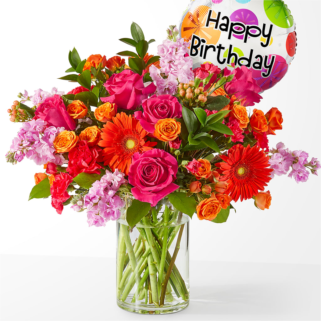 Fiesta Bouquet with Birthday Balloon – Yadilynn Flowers Llc, Orange CA