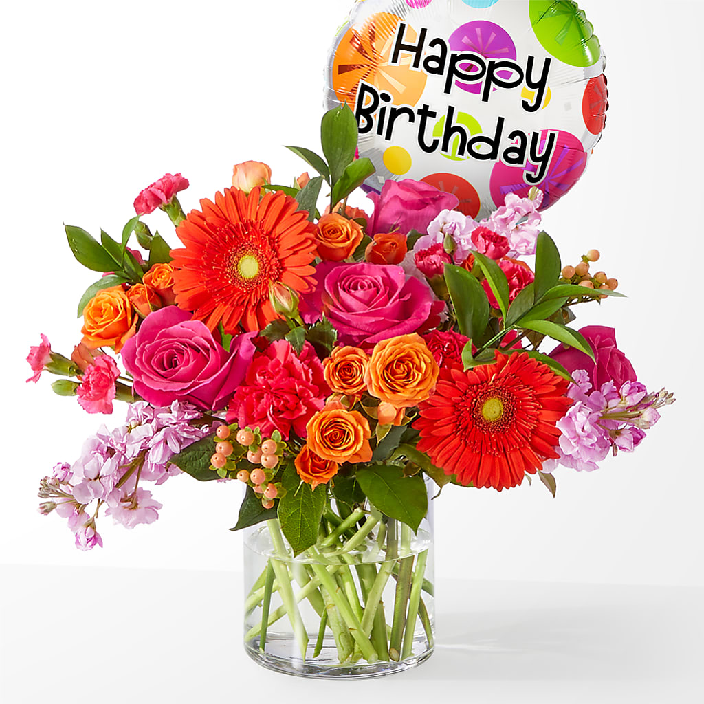 Fiesta Bouquet with Birthday Balloon – Yadilynn Flowers Llc, Orange CA