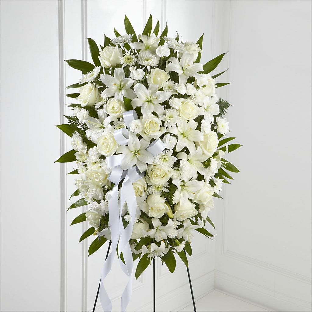 Exquisite Tribute Standing Spray-White Ribbon – Yadilynn Flowers Llc, Orange CA