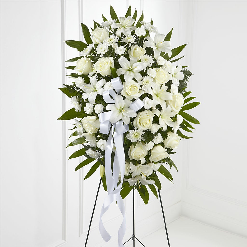 Exquisite Tribute Standing Spray-White Ribbon – Yadilynn Flowers Llc, Orange CA