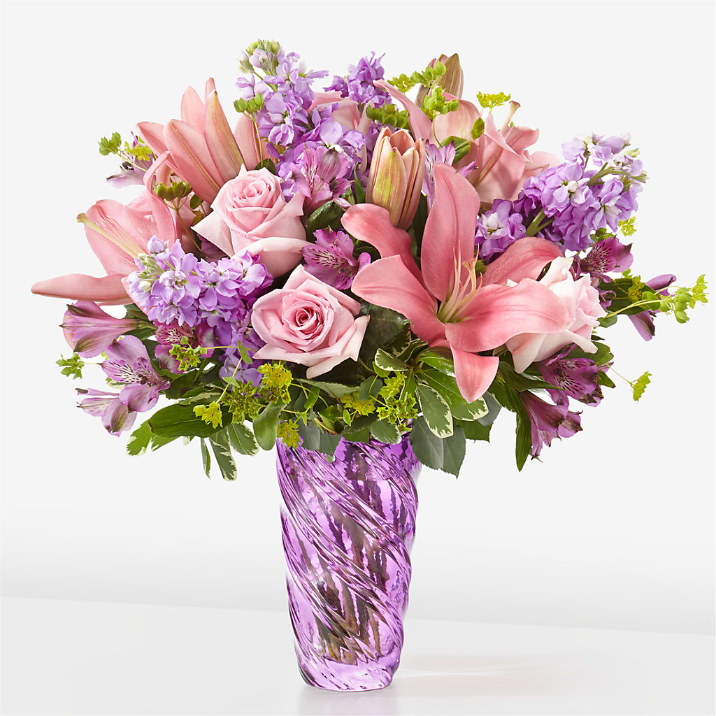 Precious Petals Bouquet with Luxe Swirl Vase – Yadilynn Flowers Llc, Orange CA