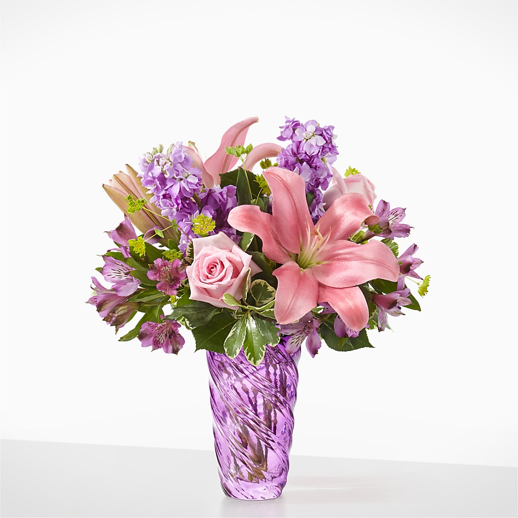 Precious Petals Bouquet with Luxe Swirl Vase – Yadilynn Flowers Llc, Orange CA