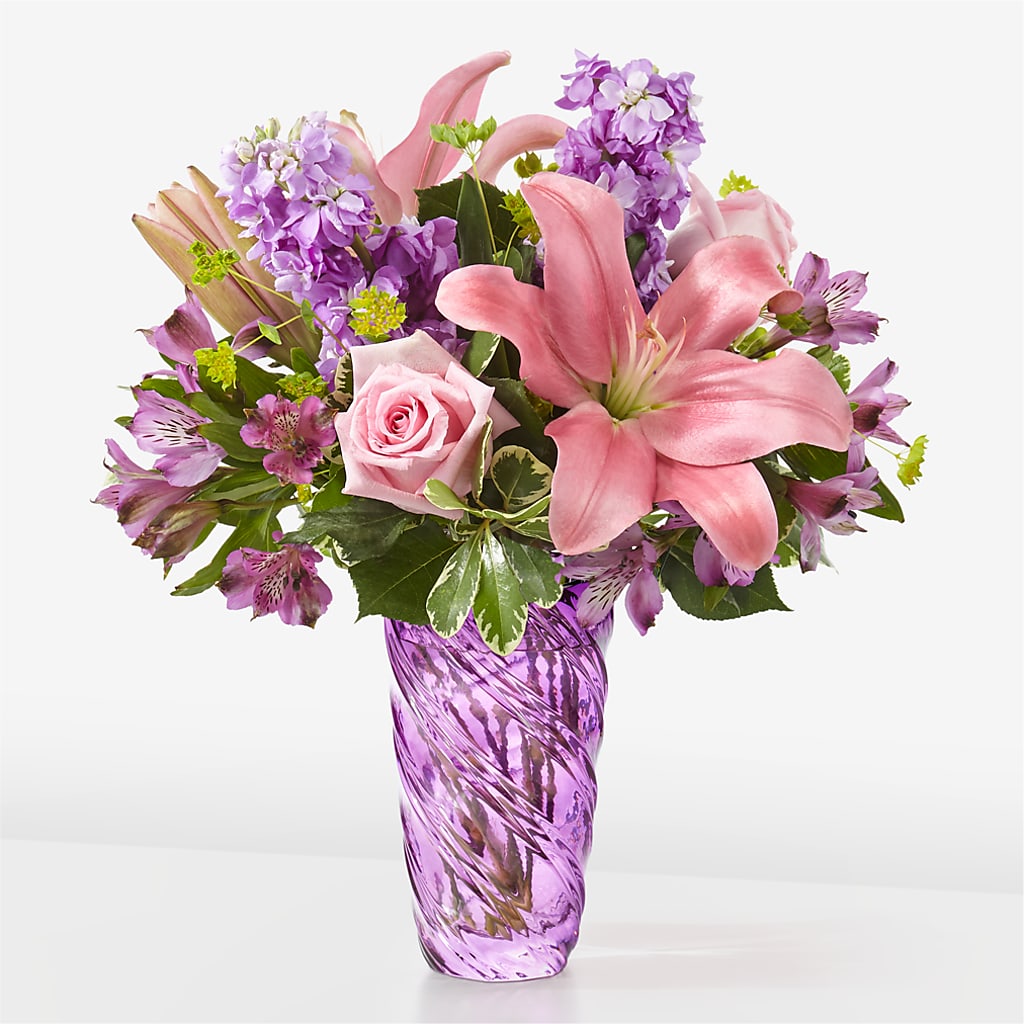 Precious Petals Bouquet with Luxe Swirl Vase – Yadilynn Flowers Llc, Orange CA