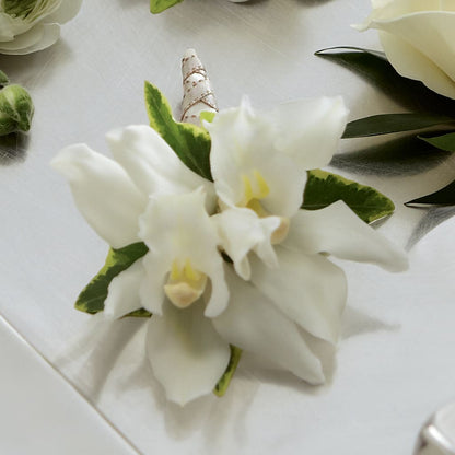 White Mini Cymbidium Boutonniere –  Yadilynn Flowers Llc, Orange CA